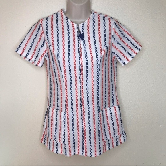 Vintage 70s White Double Knit Orange Blue Chain Stitch Zip Up Top Womens Medium - Picture 14 of 14